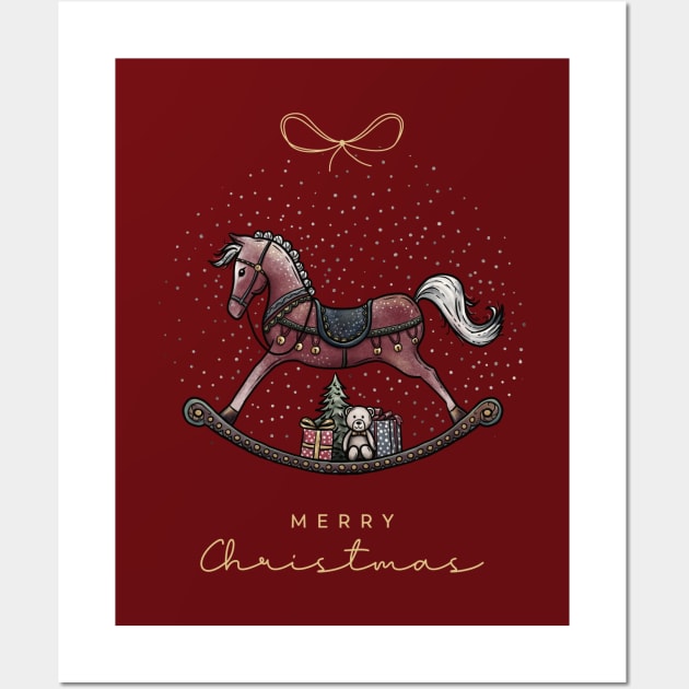 Merry Christmas lettering with Rocking Horse illustration, cute bear, gifts and Christmas tree on a blue snow background. Wall Art by ChrisiMM